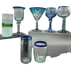 Mexican hand-blown glassware stemware martini goblets tumblers blue-rimmed